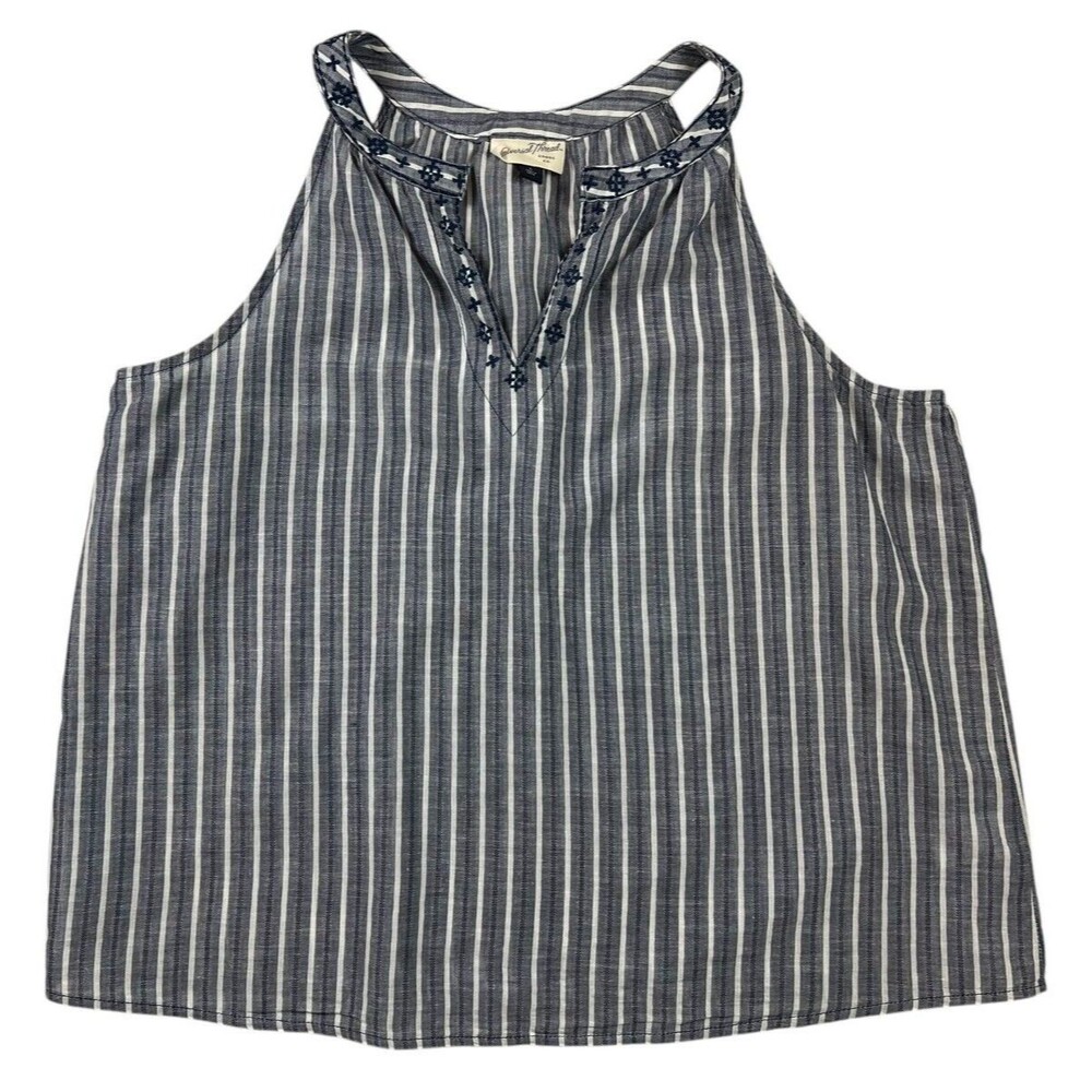 Universal Thread Blue Striped Embroidered Split Neck Tank Top Size L